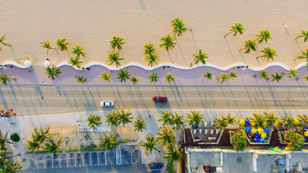 Une route longe la plage bordée de palmiers de Miami