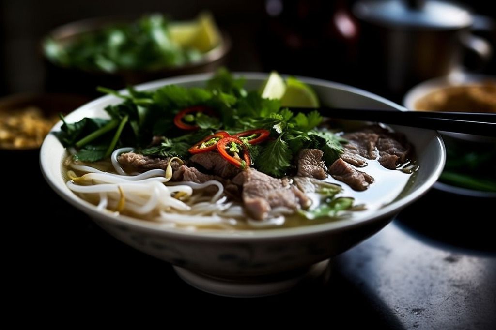 Bol de soupe Pho vietnamienne avec viande, nouilles et herbes fraîches