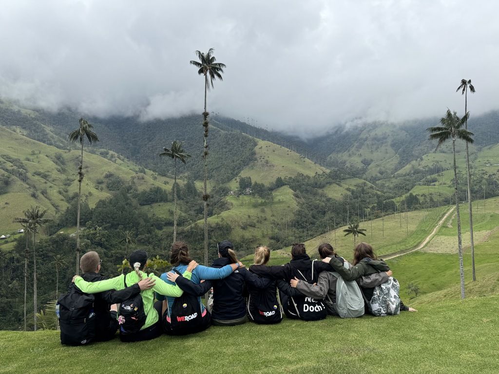 Groupe de voyageurs WeRoad assis au milieu de la vallée de Cocora, entouré de palmiers de cire, en Colombie.