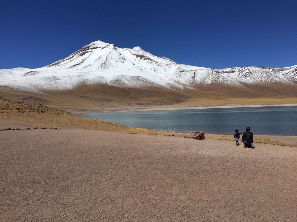 Laguna Miscanti et Miñiques, désert d'Atacama, avec une eau cristalline entourée de montagnes enneigées.