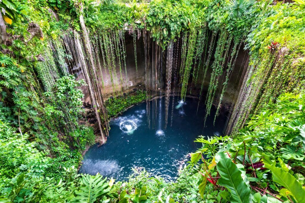 Le magnifique cénote Ik Kil au Mexique, montrant ses eaux d'un bleu profond entourées d'une végétation luxuriante et de longues lianes tombant en cascade.